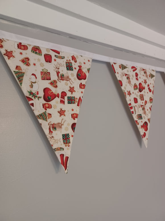 Christmas Bunting, festive designs on red, green and gold