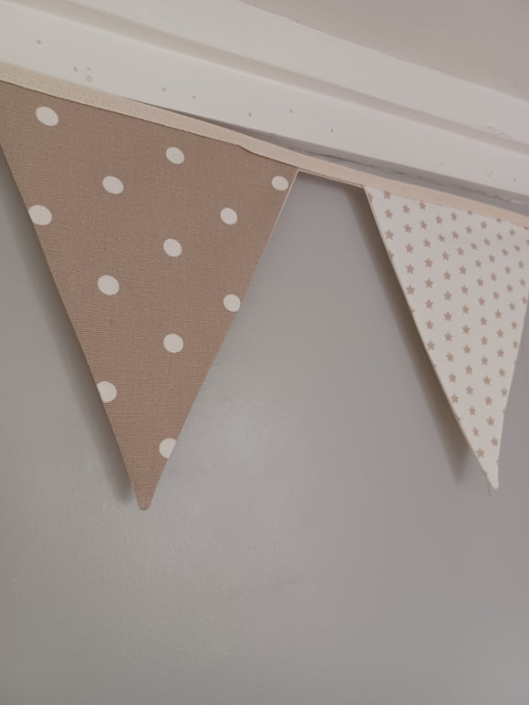 Neutral room decor fabric bunting,  spots and stars