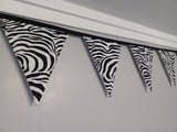 Zebra print fabric bunting, 10 flags, approx 2.5 metres