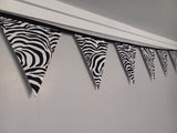 Zebra print fabric bunting, 10 flags, approx 2.5 metres
