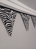 Zebra print fabric bunting, 10 flags, approx 2.5 metres