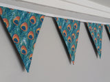 Peacock feather fabric bunting,  10 flags, approx 2.5 metres