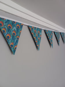 Peacock feather fabric bunting,  10 flags, approx 2.5 metres