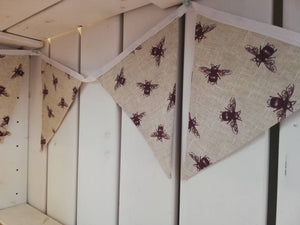 Cotton Bees bunting, 2, 3 or 4 metres. Natural background with purple bees.