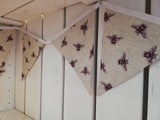 Cotton Bees bunting, 2, 3 or 4 metres. Natural background with purple bees.