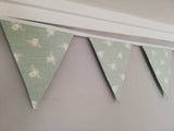 Cotton Bees bunting, 2, 3 or 4 metres. Duck egg background with white bees.