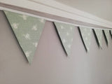 Cotton Bees bunting, 2, 3 or 4 metres. Duck egg background with white bees.