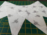 Cotton Bees bunting, 2, 3 or 4 metres. Natural background with purple bees.