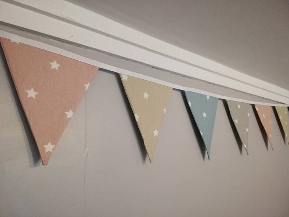 Pretty Stars bunting decoration.  Gorgeous soft cotton fabric in lovely shades of grey, blue, pink and beige.