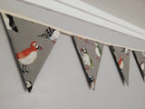 Puffin fabric bunting, gorgeous coloured puffins on grey background, 10 flags, approx 2.5 metres