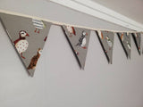 Puffin fabric bunting, gorgeous coloured puffins on grey background, 10 flags, approx 2.5 metres