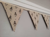 Duck fabric bunting. Cute grey ducks on natural background, 6 flags, approx 1.5 metres.