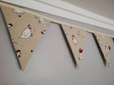 Chicken fabric bunting. Cartoon style white design on natural background, 10 flags, approx 2.5 metres.