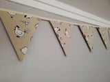 Chicken fabric bunting. Cartoon style white design on natural background, 10 flags, approx 2.5 metres.