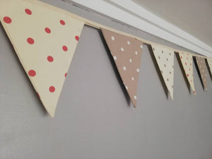 Neutrals and pink spotty fabric bunting, approx 3 metres