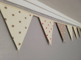 Neutrals and pink spotty fabric bunting, approx 3 metres