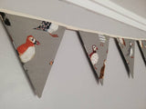 Puffin fabric bunting, gorgeous coloured puffins on grey background, 10 flags, approx 2.5 metres