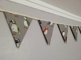 Puffin fabric bunting, gorgeous coloured puffins on grey background, 10 flags, approx 2.5 metres