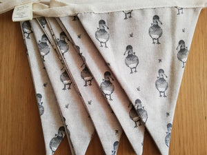 Duck fabric bunting. Cute grey ducks on natural background, 6 flags, approx 1.5 metres.