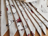 Chicken fabric bunting. Cartoon style white design on natural background, 10 flags, approx 2.5 metres.