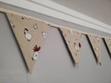 Chicken fabric bunting. Cartoon style white design on natural background, 10 flags, approx 2.5 metres.