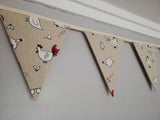 Chicken fabric bunting. Cartoon style white design on natural background, 10 flags, approx 2.5 metres.