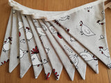 Chicken fabric bunting. Cartoon style white design on natural background, 10 flags, approx 2.5 metres.