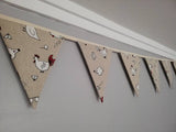 Chicken fabric bunting. Cartoon style white design on natural background, 10 flags, approx 2.5 metres.
