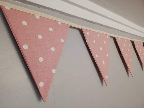 Pink fabric bunting, with white spots - 2, 3 or 4 metres