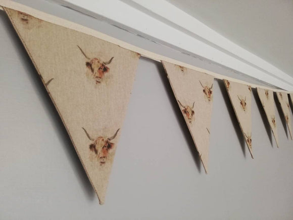 Highland cattle fabric bunting on natural background, 10 flags, approx 2.5 metres