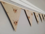 Highland cattle fabric bunting on natural background, 10 flags, approx 2.5 metres