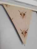 Highland cattle fabric bunting on natural background, 10 flags, approx 2.5 metres