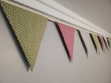 Spotty bunting, dusky pink, sage green and dove grey.