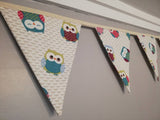 Owl fabric bunting on an ivory background, 10 flags, approx 2.5 metres