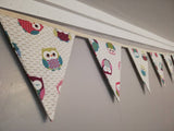 Owl fabric bunting on an ivory background, 10 flags, approx 2.5 metres