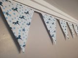 Unicorn and star fabric bunting, white background, approx 2.5 metres