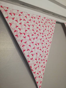 Pink flamingo fabric bunting, on an off white background, approx 2.5 metres