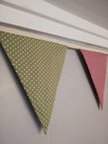 Spotty bunting, dusky pink, sage green and dove grey.