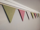 Spotty bunting, dusky pink, sage green and dove grey.