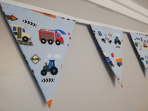 Tractors, planes, boats and fire trucks bunting