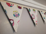 Owl fabric bunting on an ivory background, 10 flags, approx 2.5 metres