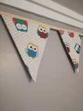 Owl fabric bunting on an ivory background, 10 flags, approx 2.5 metres