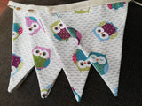 Owl fabric bunting on an ivory background, 10 flags, approx 2.5 metres