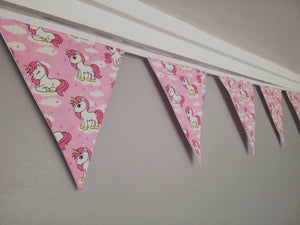 Unicorn fabric bunting, pink background, approx 2.5 metres