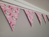 Unicorn fabric bunting, pink background, approx 2.5 metres