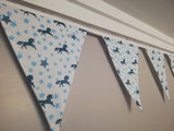 Unicorn and star fabric bunting, white background, approx 2.5 metres