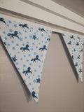 Unicorn and star fabric bunting, white background, approx 2.5 metres