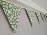 Green fabric bunting with lovely egg design. 10 flags, approx 2.5 metres