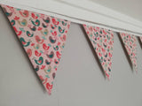 Chirpy bird fabric bunting. Lovely green, pink and brown birds design on a soft pink background, 10 flags, approx 2.5 metres.