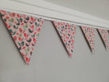 Chirpy bird fabric bunting. Lovely green, pink and brown birds design on a soft pink background, 10 flags, approx 2.5 metres.